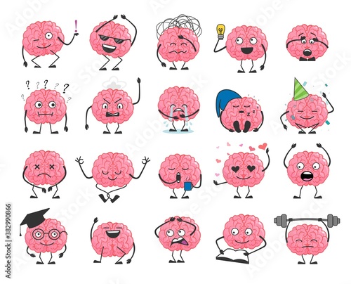 Brain cartoon character set with happy face smile. Cute hero brain emoji isolated on white background. Brainpower avatar with different emotion and face expression vector illustration