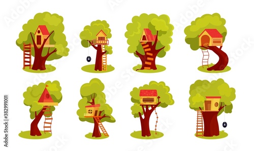Fantasy treehouse for kids playhouse on backyard. Children wooden house on tree with ladder and swing. Wood playground outdoor construction, isolated child shelter vector illustration on white back