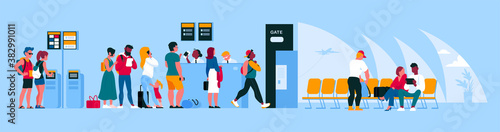 People in airport terminal waiting for boarding in wait room, going through passport control, registering online. Vector flat illustration.