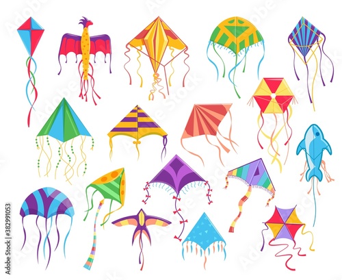 Flying wind kite with tail vector illustration on white background. Cartoon wind toy for summer sky festival on outdoor. Different color and design wind kite isolated for play on breeze