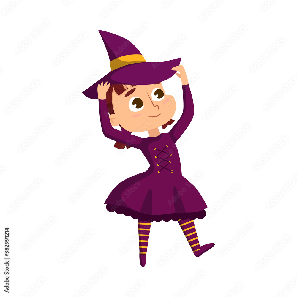 Little Witch, Cute Girl Wearing Purple Dress and Hat Practicing Witchcraft, Happy Halloween Concept Cartoon Style Vector Illustration Little Witch, Cute Girl Wearing Purple Dress and Hat Practicing Witchcraft, Happy Halloween Concept Cartoon Style Vector Illustration