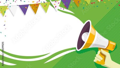 Announce banner. Welcome, announce, promotion, invitation grand opening banner or poster illustration. Vector hand holding megaphone or loud speaker. Copy space for text, flag garland decoration