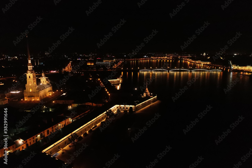 Aerial Townscape of Saint Petersburg City at Night. Peter Pavels Fortress Aerial Townscape of Saint Petersburg City at Night. Peter Pavels Fortress