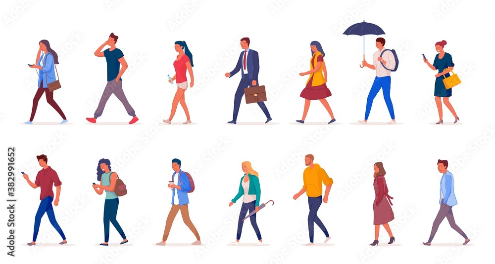 Characters of people walking down the street in light clothes vector illustation. Young girls and men walk isolated on a white background side view. Characters of people walking down the street in light clothes vector illustation. Young girls and men walk isolated on a white background side view.