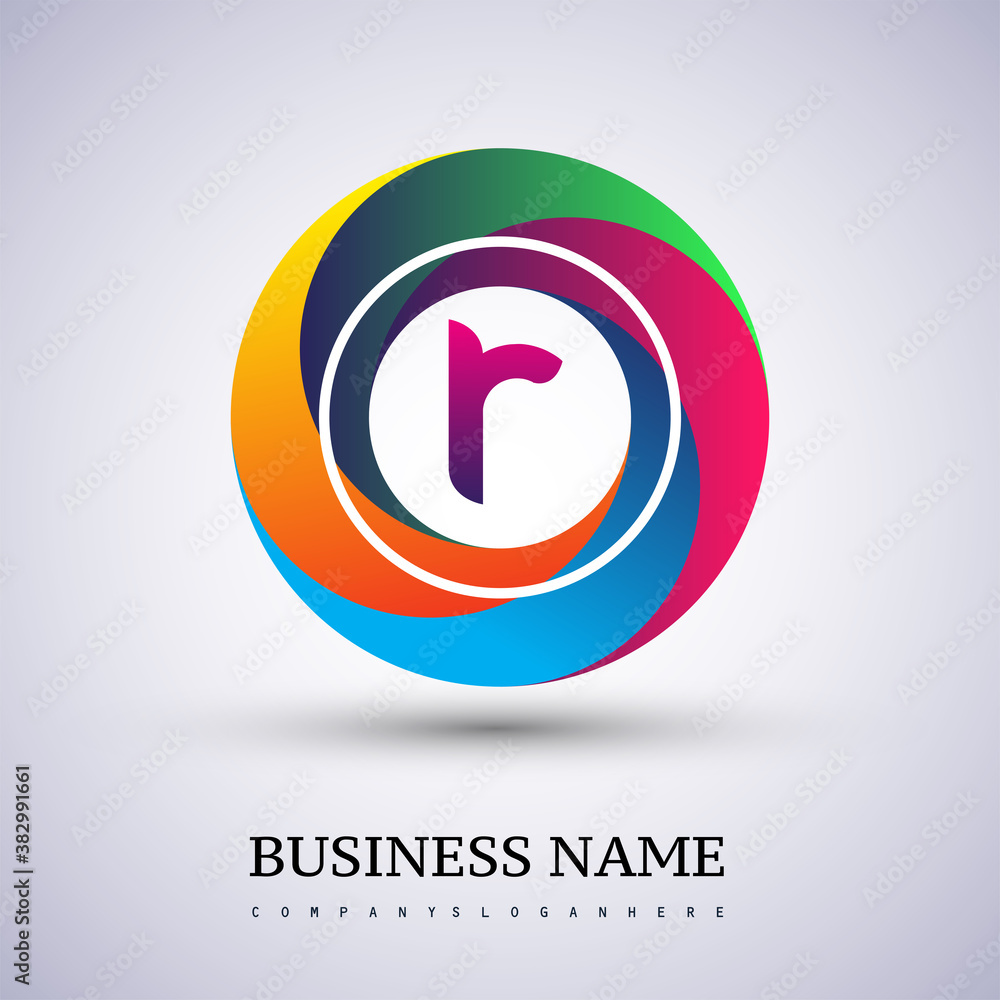Letter R logo with colorful splash background, letter combination logo design for creative industry, web, business and company.