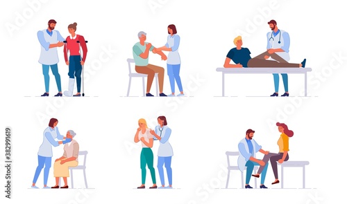 Patient is a doctor appointment, doctor writes prescriptions for various types of treatment. Woman and man at medical clinic or hospital talking to physicians and therapists and show their problems