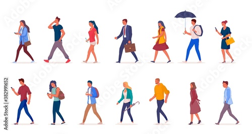 Characters of people walking down the street in light clothes vector illustation. Young girls and men walk isolated on a white background side view.