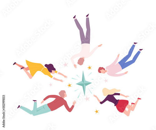 Group of People Flying to the Stars, Men and Women Floating in Dreams or Sky Wearing Casual or Sleepwear Clothes Flat Style Vector Illustration