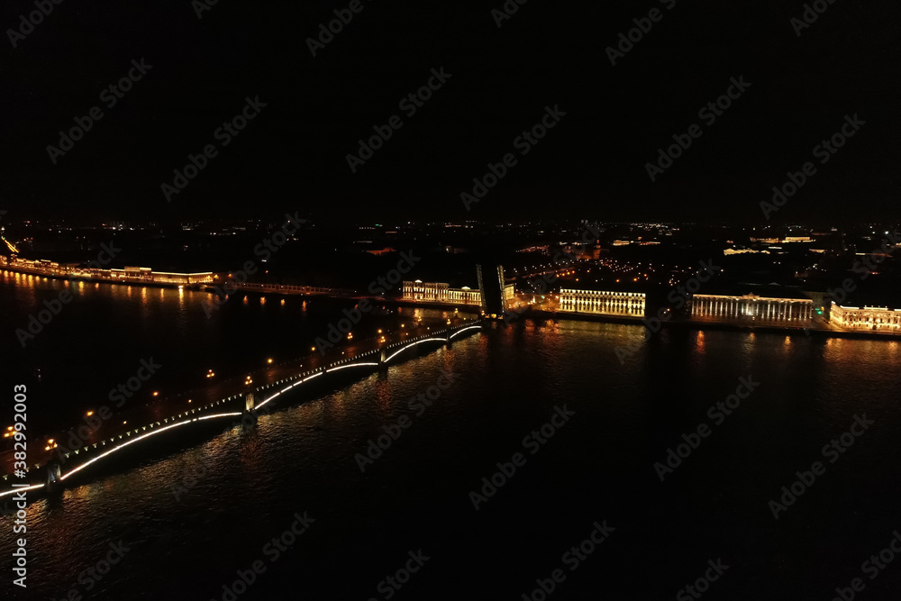 Aerial Townscape of Saint Petersburg City at Night. Troitskiy Bridge