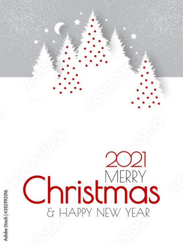 Happy New 2021 Year flyer design template. Elegant white card with Christmas trees. Coniferous forest