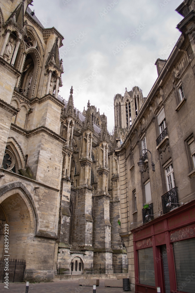 view of a gothic temple with beautiful frescoes in the city of Reims in France