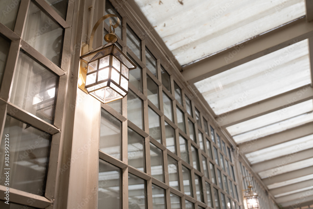 interior view of classic wall lantern or lamp mounted on wall with copy space