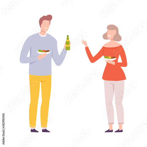 Young Man and Woman Eating Food and Drinking at BBQ Party, Family Picnic, Summer Vacation, Outdoor Leisure Flat Style Vector Illustration