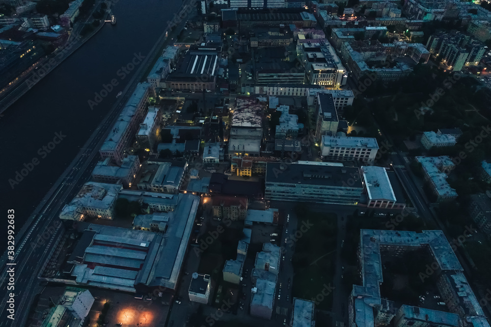 Aerial Townscape of Saint Petersburg City at Night. Kalininsky District