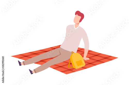 Young Man Relaxing Outdoors, Guy Sitting on Blanket in Park Flat Style Vector Illustration