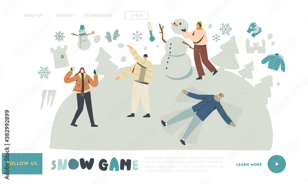 Wintertime Activities and Spare Time Landing Page Template. Characters Enjoy Snow Fun and Winter Holidays Festive Season