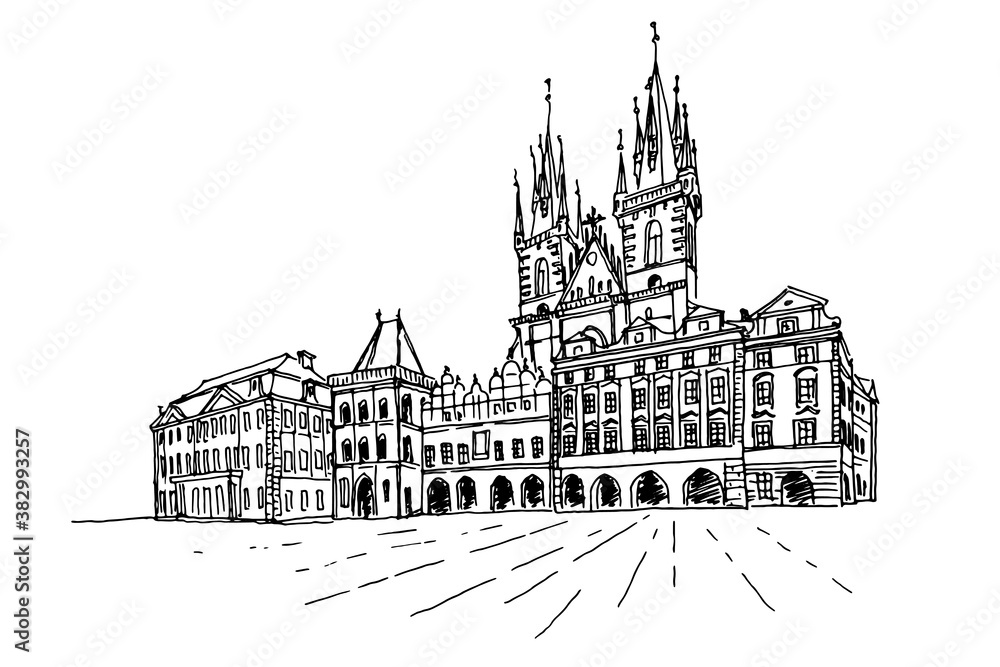 Naklejka premium Vector sketch of The Church of Our Lady before Tyn , Prague, Czech Republic.