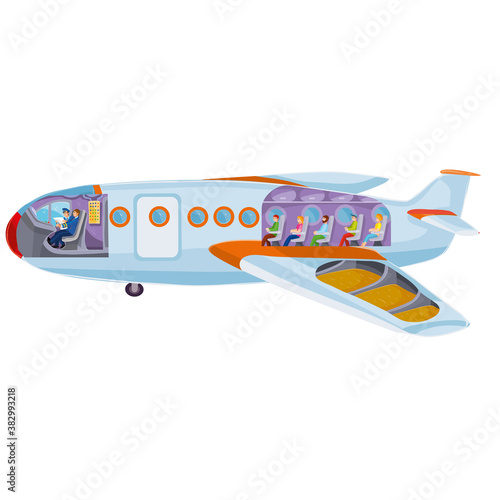plane inside with passengers, pilots and tanks with kerosene, cartoon illustration, vector illustration, isolated object on a white background, vector illustration,