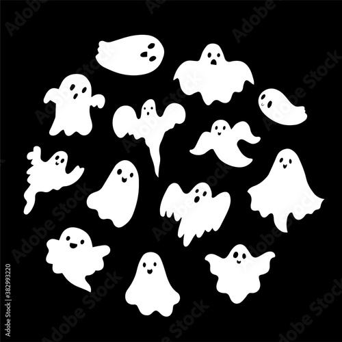 Doodle cute ghosts Haloween collection. Simple spooky character. Scary ghostly monsters. 