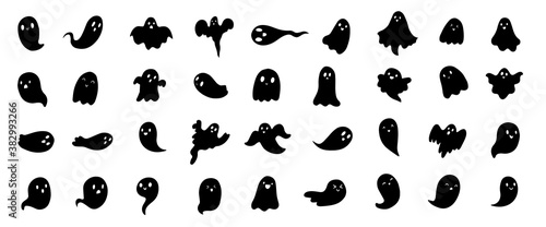 Doodle cute ghosts Haloween great collection. Simple spooky character. Scary ghostly monsters. 