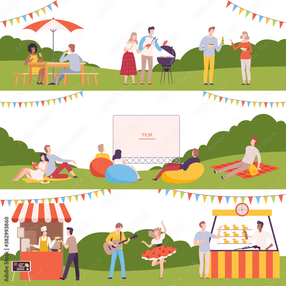 People Performing Leisure Outdoor Activities in Park Set, Men and Women Visiting Street Food Fair, Watching Movie Outdoors, Outdoor Leisure Flat Style Vector Illustration
