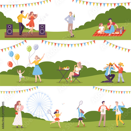 People Performing Leisure Outdoor Activities in Park Set, Family Picnic, Summer Vacation, Outdoor Leisure Flat Style Vector Illustration