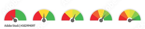 scale low to high, green and red vector gauge. risk, pain, feedback barometer sign, performance symbol. mood evaluation. on white background