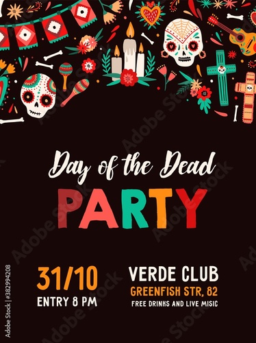 Holiday poster for Day of the dead. Vertical template decorated with sugar sk...