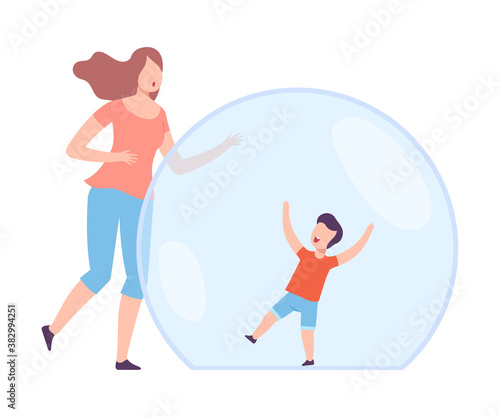 Little Boy Having Fun Inside Transparent Protective Bubble  Mom Trying to Reach Him Flat Style Vector Illustration