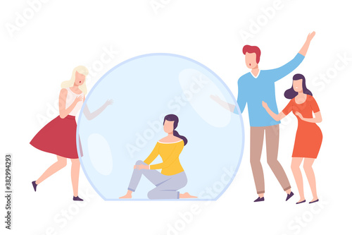 Young Woman Sitting Inside Transparent Bubble, Friends Trying to Reach Her, Separation from Society or Solitude Concept Flat Style Vector Illustration