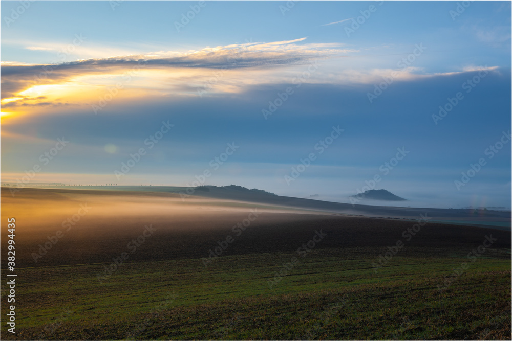 Landscape covered with fog in Central Bohemian Uplands, Czech Republic.