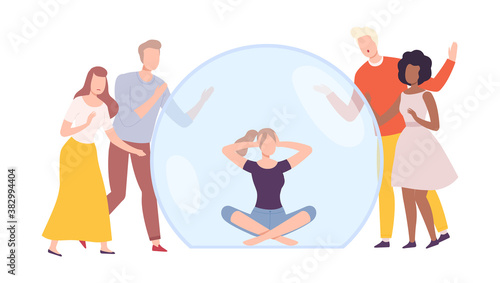 Young Woman Sitting Inside Transparent Bubble  People Trying to Reach Her  Separation from Society Concept Flat Style Vector Illustration