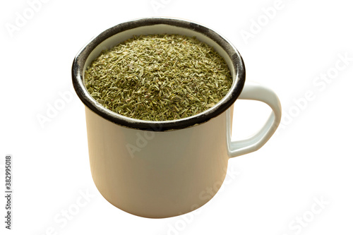 crushed thyme in zinc cup