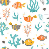 Seamless pattern with sea fish and algae.