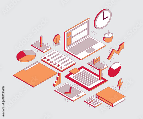 Business icons are isometric, paper, phone, laptop, graphs and charts.