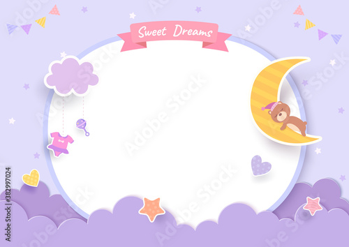 Baby shower card with teddy bear and moon on purple background