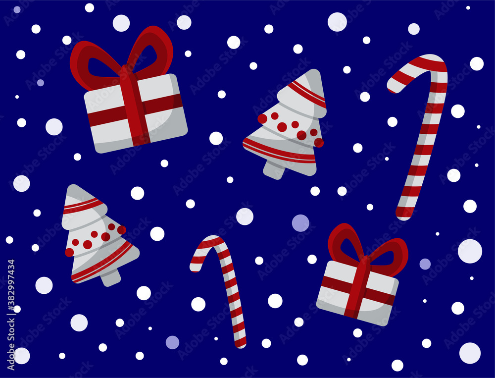 Blue Christmas card. Congratulations. Happy new year. Isolated elements of present, candies, christmas tree. Postcard. Blue Christmas card. Congratulations. Happy new year. Isolated elements of present, candies, christmas tree. Postcard.