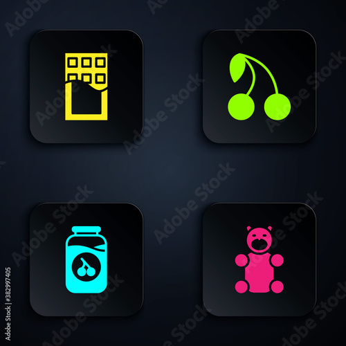 Set Jelly bear candy, Chocolate bar, Cherry jam jar and . Black square button. Vector.