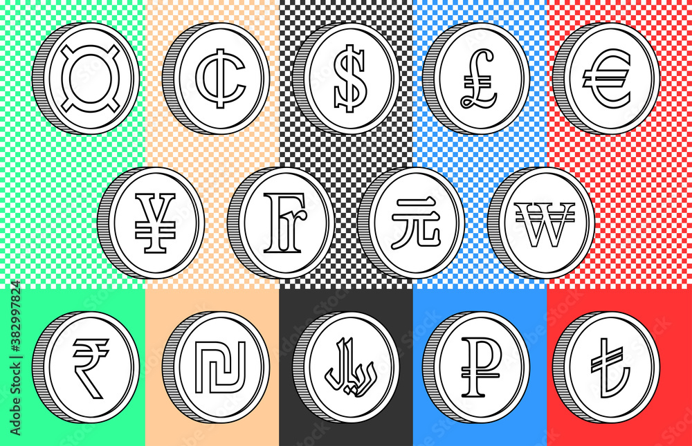Set of 3d black and white simple icons of world currencies. Dollar, pound, euro, yen, franc, yuan, won, rupee, shekel, rial, ruble and Turkish lira sign Set of 3d black and white simple icons of world currencies. Dollar, pound, euro, yen, franc, yuan, won, rupee, shekel, rial, ruble and Turkish lira sign