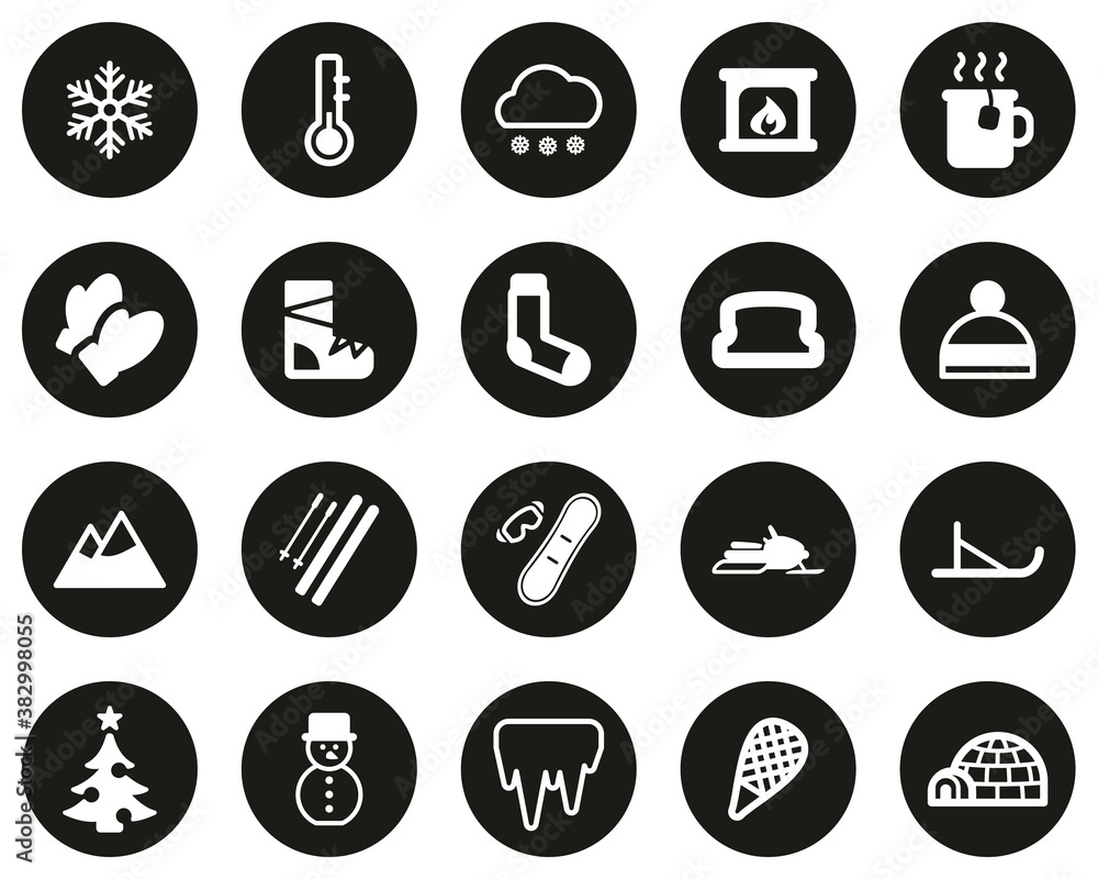 Winter Icons White On Black Flat Design Circle Set Big Winter Icons White On Black Flat Design Circle Set Big
