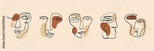 Trendy vector set of various faces illustrations in minimal continuous line style. Hand drawn vector fashionable collection.