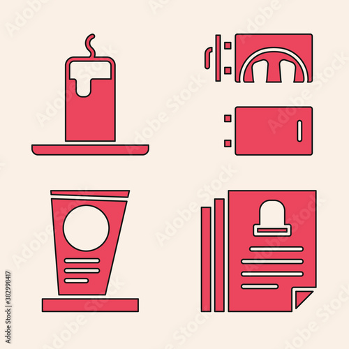 Set Death certificate, Burning candle, Crematorium and Grave with tombstone icon. Vector.