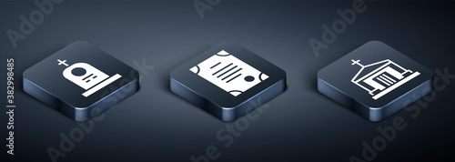 Set Isometric Grave with tombstone, Old crypt and Death certificate icon. Vector.