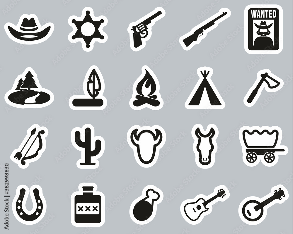 Wild West Icons Black & White Sticker Set Big Stock Vector | Adobe Stock