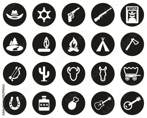 Wild West Icons White On Black Flat Design Circle Set Big