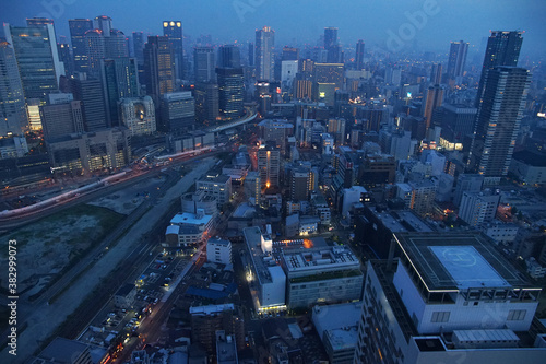 Night view of the building of the city of Osaka, Japan