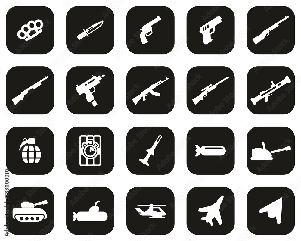 Weapons Icons White On Black Flat Design Set Big Weapons Icons White On Black Flat Design Set Big