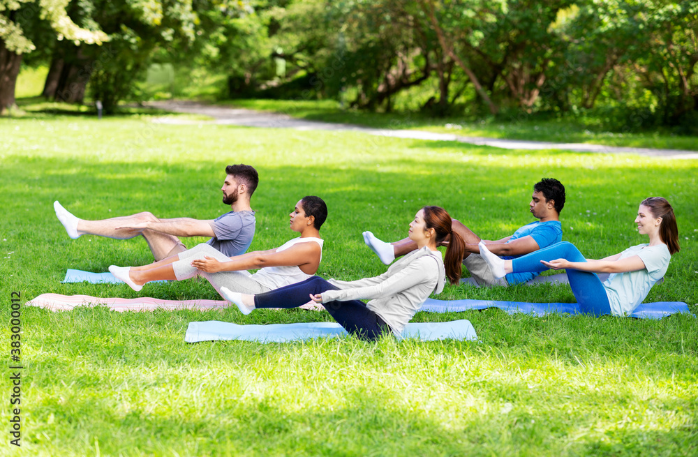 fitness, sport and healthy lifestyle concept - group of happy people doing yoga at summer park fitness, sport and healthy lifestyle concept - group of happy people doing yoga at summer park
