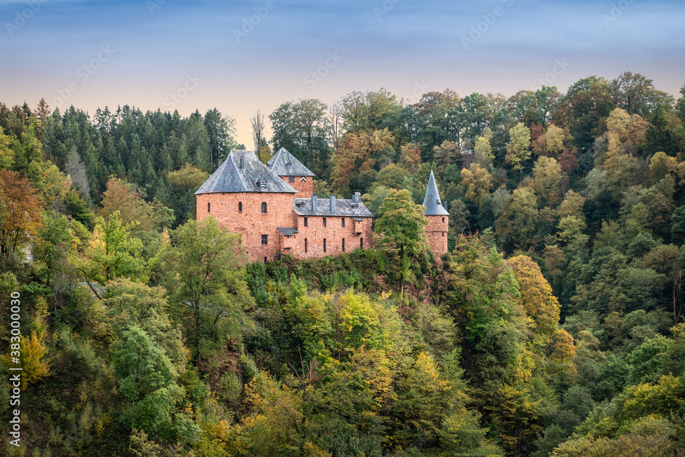 Medieval castle in the green wooded nature of the Belgian Ardennes. Reinhardstein Castle, Ovifat, Belgium. Medieval castle in the green wooded nature of the Belgian Ardennes. Reinhardstein Castle, Ovifat, Belgium.