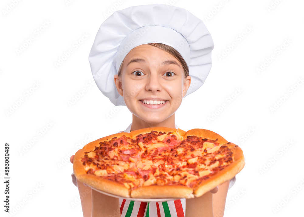 Girl cook in apron holds plate with fresh pizza, isolated on white background. Girl cook in apron holds plate with fresh pizza, isolated on white background.